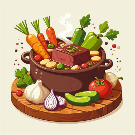 Pot of stewed meat with vegetables on wooden board. Vector illustration.のイラスト素材