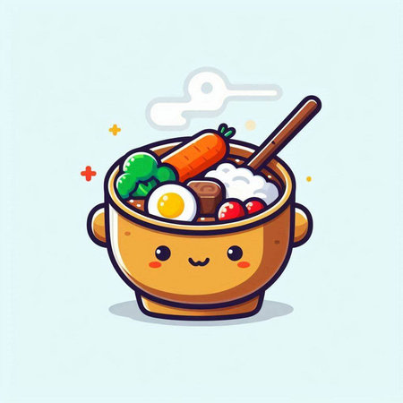 Cute cartoon bowl of noodle soup with spoon. Vector illustration.のイラスト素材