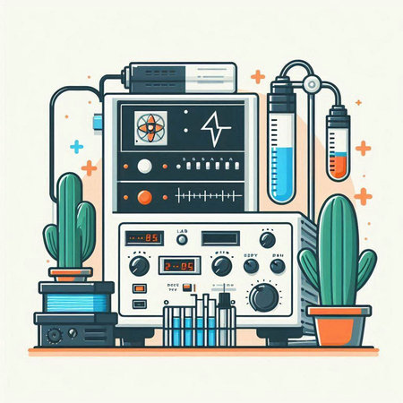 Vector illustration of modern scientific laboratory equipment in flat style with cactuses and plants.のイラスト素材
