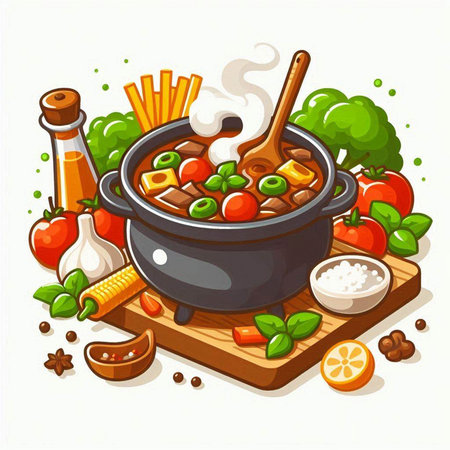 Casserole with meat and vegetables. Vector illustration in cartoon styleのイラスト素材