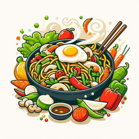 Illustration of Asian noodles with vegetables and fried egg in wokのイラスト素材