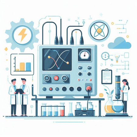 Science laboratory. Vector illustration in flat style. Laboratory equipment and science experiments.のイラスト素材