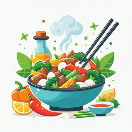 Bowl of noodles with vegetables and chopsticks. Vector illustration.のイラスト素材