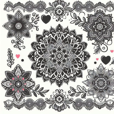 Vector set of ornamental floral doodle elements in black and white colorsのイラスト素材