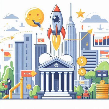 Vector illustration of a business start up concept with rocket and cityscape.のイラスト素材
