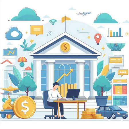 Businessman working on laptop in front of bank building. Vector illustrationのイラスト素材