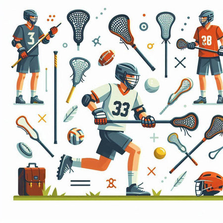 Lacrosse sport icons set with player and equipment isolated vector illustrationのイラスト素材