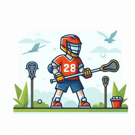 Lacrosse player vector illustration. Flat cartoon style design for sport team mascot.のイラスト素材