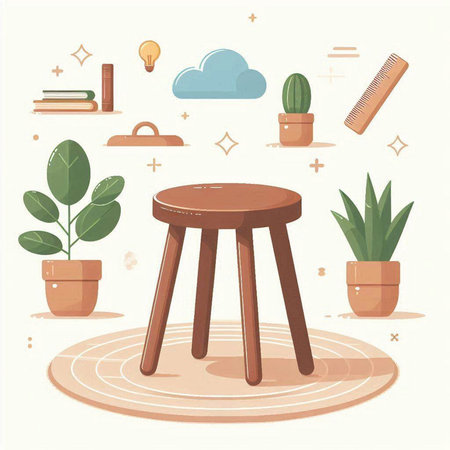Illustration of a wooden stool with different objects in the background.のイラスト素材