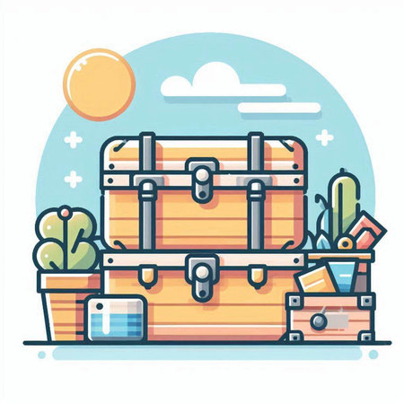 Treasure chest flat design vector illustration. Travel and tourism concept.のイラスト素材