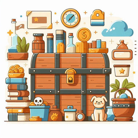 Vector illustration of a treasure chest with different items. Cartoon style.のイラスト素材