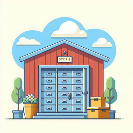 Vector illustration of a small store with open door in the clouds.のイラスト素材