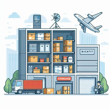 Warehouse with goods and cargo. Vector illustration in flat style.のイラスト素材