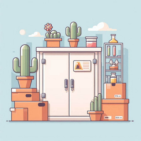 Cactuses in pots on the shelves. Flat style vector illustration.のイラスト素材