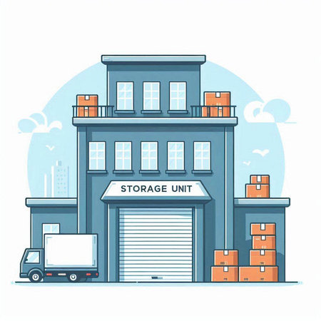 Warehouse or storehouse with boxes and delivery truck. Flat vector illustration.のイラスト素材