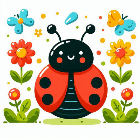 Cute cartoon ladybug with flowers and butterflies. Vector illustration.のイラスト素材