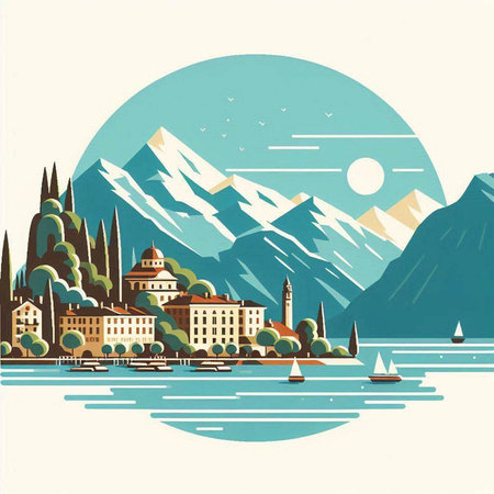 Lake Garda, Italy. Landscape in retro style. Vector illustration.のイラスト素材