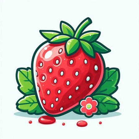 Strawberry with leaves and flowers on white background. Vector illustration.のイラスト素材