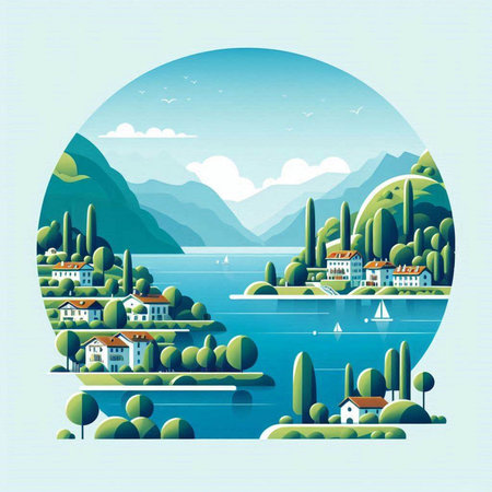 Landscape with lake, mountains and houses in flat style. Vector illustration.のイラスト素材