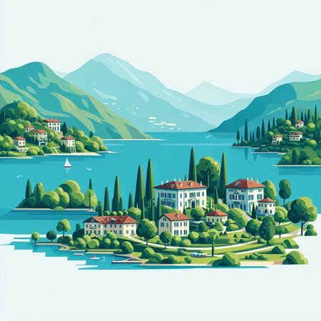 Landscape with lake, mountains and villas. Vector illustration.のイラスト素材