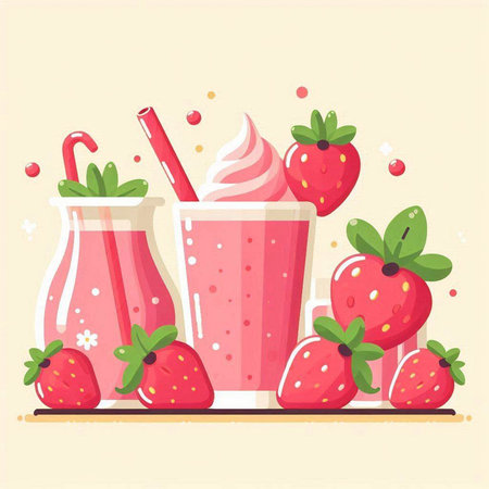 Strawberry smoothies in glasses with straws. Vector illustrationのイラスト素材