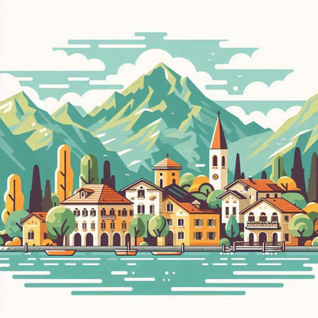 Landscape of Lake Maggiore, Italy. Vector illustration.のイラスト素材