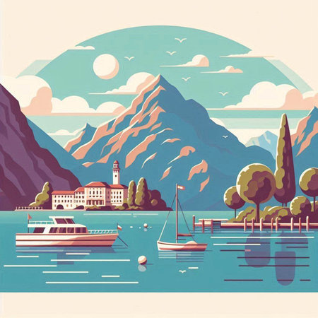 Lake Como, Italy. Landscape in retro style. Vector illustrationのイラスト素材