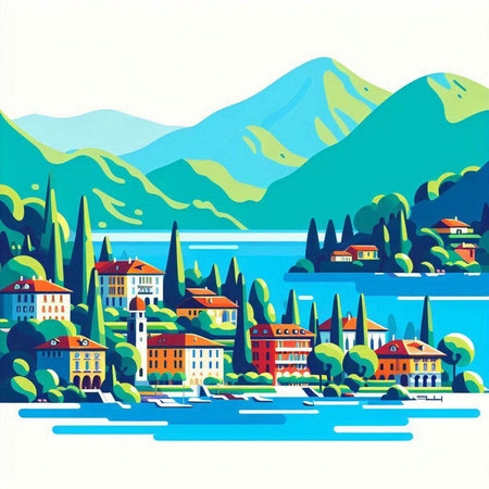 Cityscape of Lake Como, Italy. Vector Illustration.のイラスト素材