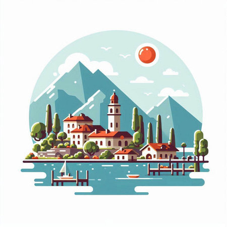 Lake Bled, Slovenia, Europe. Vector illustration in flat styleのイラスト素材