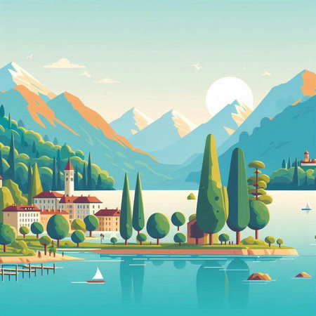 Landscape with lake and mountains. Vector illustration in retro style.のイラスト素材