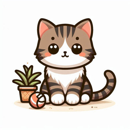 Cute cat sitting on the floor with a flower in a potのイラスト素材