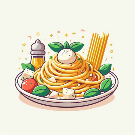 Spaghetti with mozzarella, tomato and basil. Vector illustrationのイラスト素材