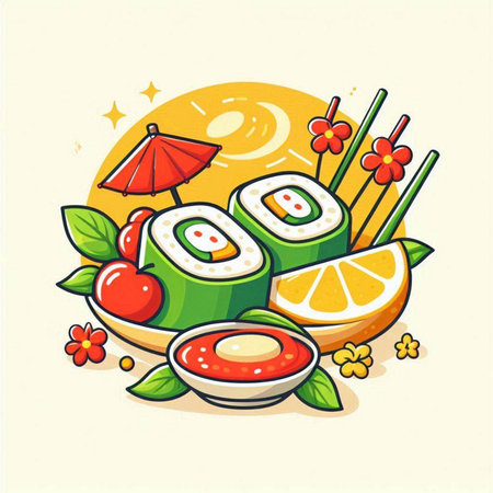Illustration of sushi and rolls with fresh fruits and vegetables on white backgroundのイラスト素材