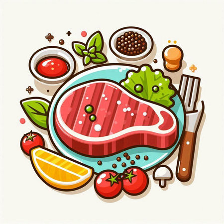 Steak with vegetables and spices on a plate. Vector illustration.のイラスト素材