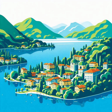 Village on the shore of Lake Como, Italy. Vector illustrationのイラスト素材