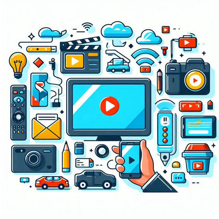 Video and multimedia icon set in thin line style. Modern vector illustration.のイラスト素材