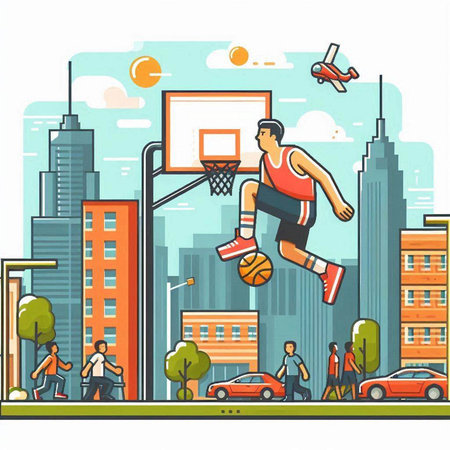 Basketball player in action on the street. Flat vector illustration.のイラスト素材