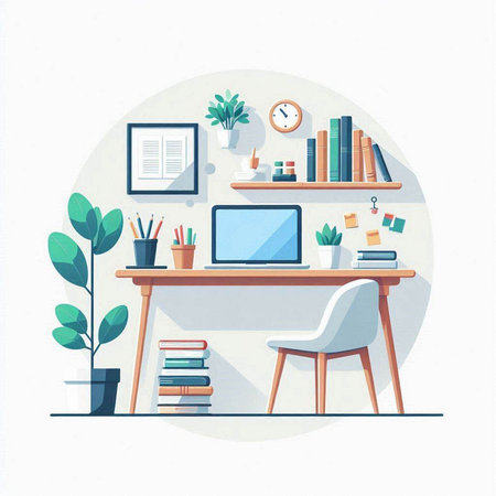Workplace with computer, books, plant and chair. Vector illustrationのイラスト素材