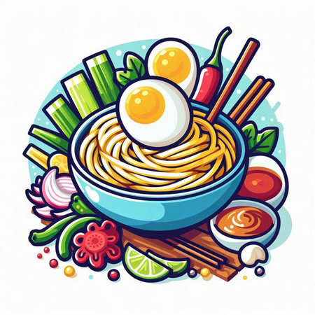 Noodles with egg and vegetables in bowl. Vector illustration.のイラスト素材