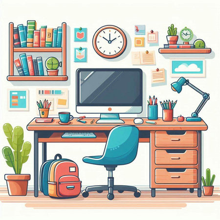 Workplace with computer, bookshelf, books and stationery. Vector illustrationのイラスト素材