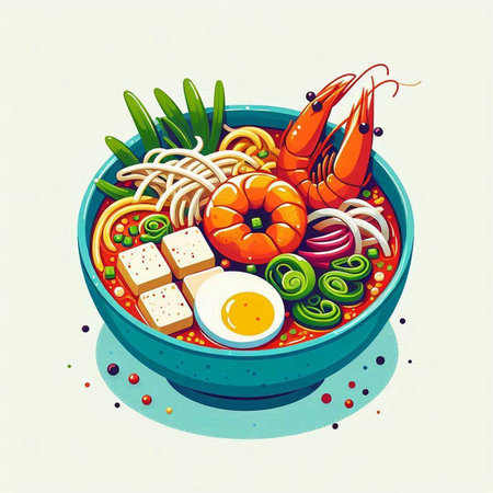 Illustration of a bowl of noodle soup with shrimpsのイラスト素材
