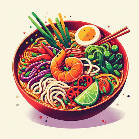 Noodles with shrimps and vegetables in a bowl.のイラスト素材
