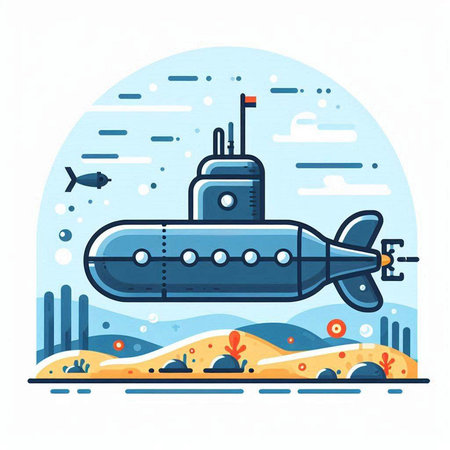 Submarine in the sea. Flat vector illustration. Cartoon style.のイラスト素材