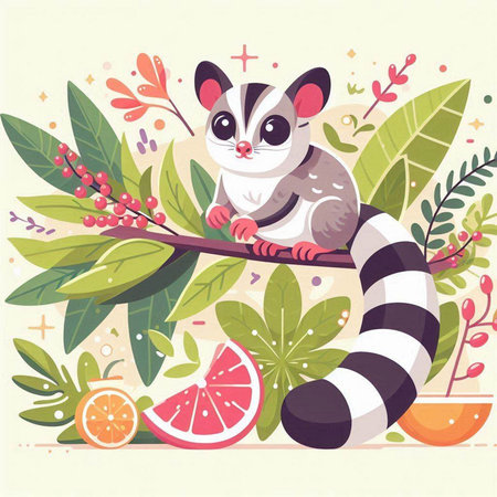 Cute lemur sitting on a branch with fruits. Vector illustration.のイラスト素材