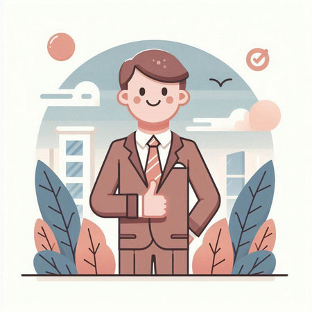 Businessman standing in front of office building. Vector flat illustration.のイラスト素材