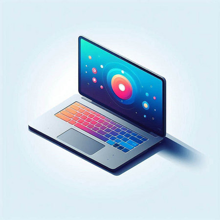 Isometric laptop with colorful circles on the screen. Vector illustration.のイラスト素材