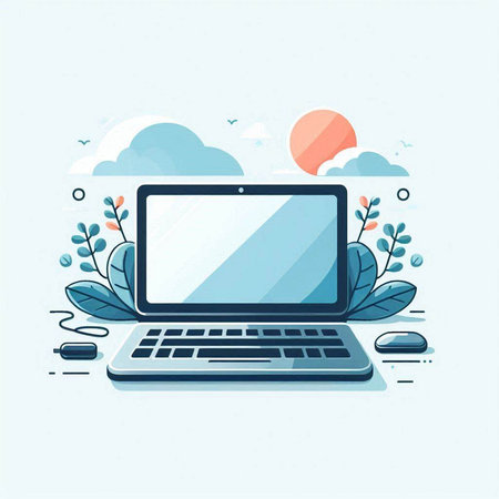Laptop computer with blank screen on blue background. Vector illustration.のイラスト素材