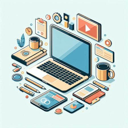 Flat 3d isometric vector illustration of a laptop, tablet, smartphone, stationery, coffee cup and other things.のイラスト素材