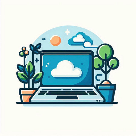 Laptop with cloud computing icon. Vector illustration in flat style.のイラスト素材