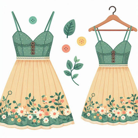 Vintage Women's dresses with flowers and leaves. Vector illustration.のイラスト素材